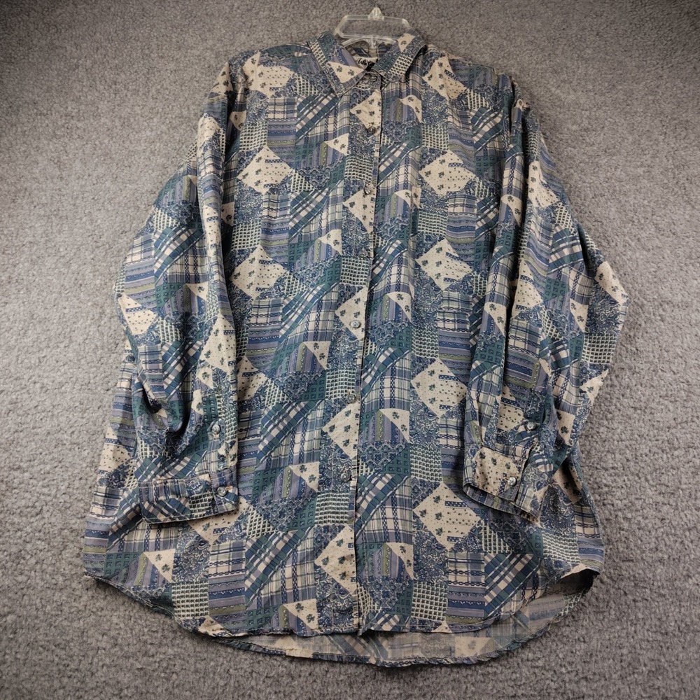 Jane Ashley 100% Silk Patchwork Button Up Shirt Blue Green Womens Large